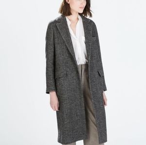 Zara Studio Herringbone Long Wool Black Coat S